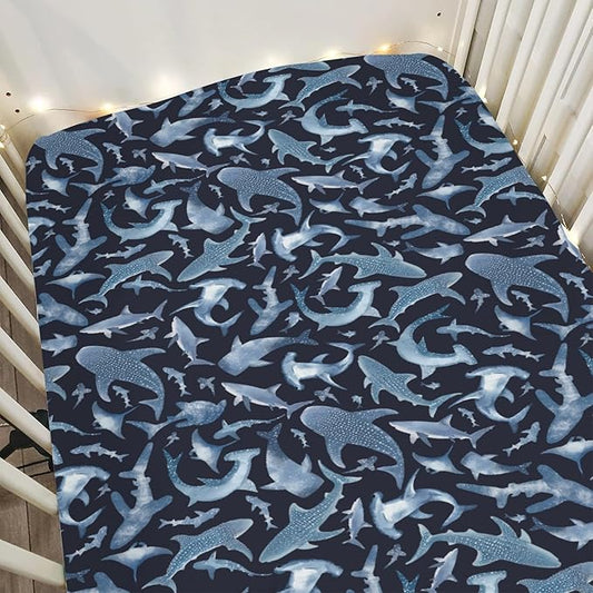 Blue Sharks Baby Crib Sheets for Boy Girl 52"x28" Sea Ocean Animal Soft Stretchy Fitted Crib Mattress Covers Nautical Shark Nursery Baby Sheet for Standard Crib and Toddler Bed Mattress