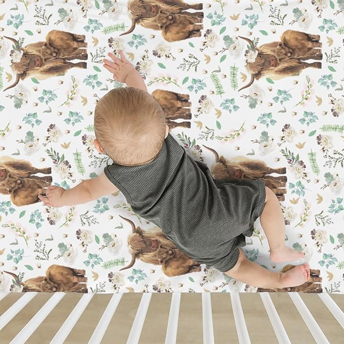 Floral Highland Cow Baby Crib Sheets for Boy Girl 28"x52" Cute Watercolor Cows Yak Cattle Soft Snug Fitted Crib Mattress Cover Spring Farm Animal Baby Sheet for Standard Crib & Toddler Bed Mattress