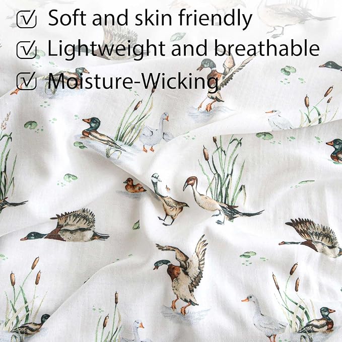 LifeTree Pack and Play Sheets Fitted for Baby, 38" x 26" x 2" Muslin Playard Mattress Pad Cover,70% Viscose from Bamboo and 30% Cotton, Mallard Duck Pattern