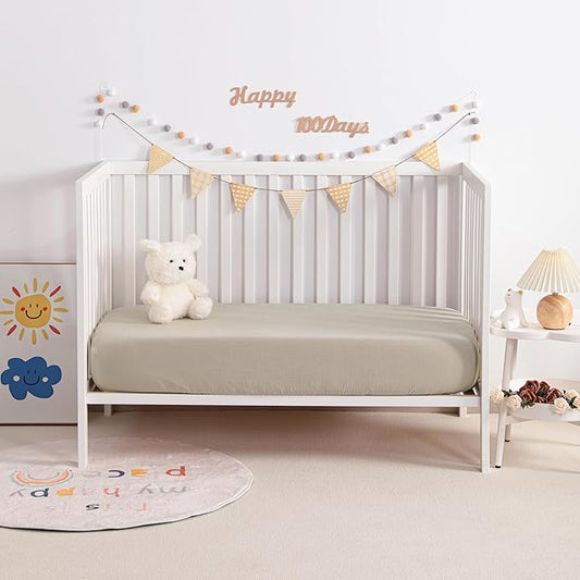 NTBAY 2 Pack Muslin Cotton Crib Sheets, Soft and Breathable Double Layer 28x52 Baby Crib Sheets for Standard Crib and Toddler Mattresses, Boys, Girls, Unisex, Khaki, 28x52 Inches