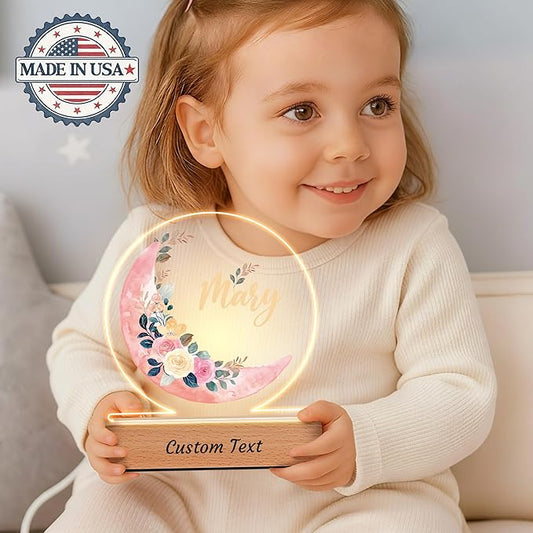 IOUMAM Personalized Baby Gifts for Kids, Custom Moon Flower Acrylic Plaque Name Night Light for Toddler, Unique Birthday Newborn Baby Shower Gifts for Boys Girls Nursery Bedroom Room Decor