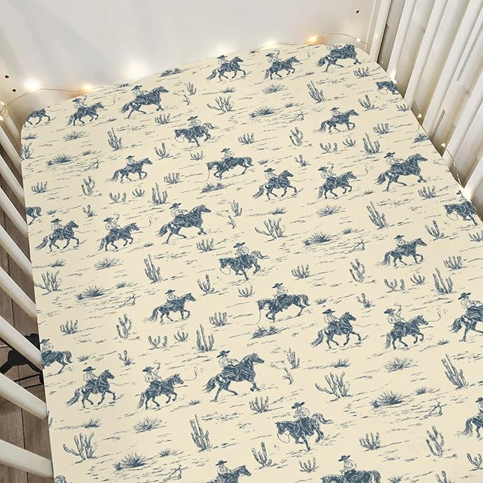 Vintage Western Cowboy Baby Crib Sheets for Boy Girl 28"x52" Retro Cowboy Horse Cactus Soft Stretchy Fitted Crib Mattress Cover Wild Desert Baby Sheet for Standard Crib & Toddler Mattress Pads