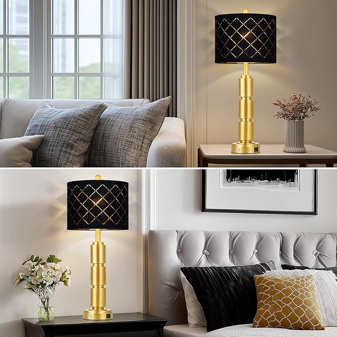 luxeflow Set of 2 Modern Table Lamps for Living Room Bedroom,29" Tall Bedside Lamp with 2 USB Port,Gold Metal Touch Nightstand Lamp with Black Grid Shade for End Table Entryway,Gold