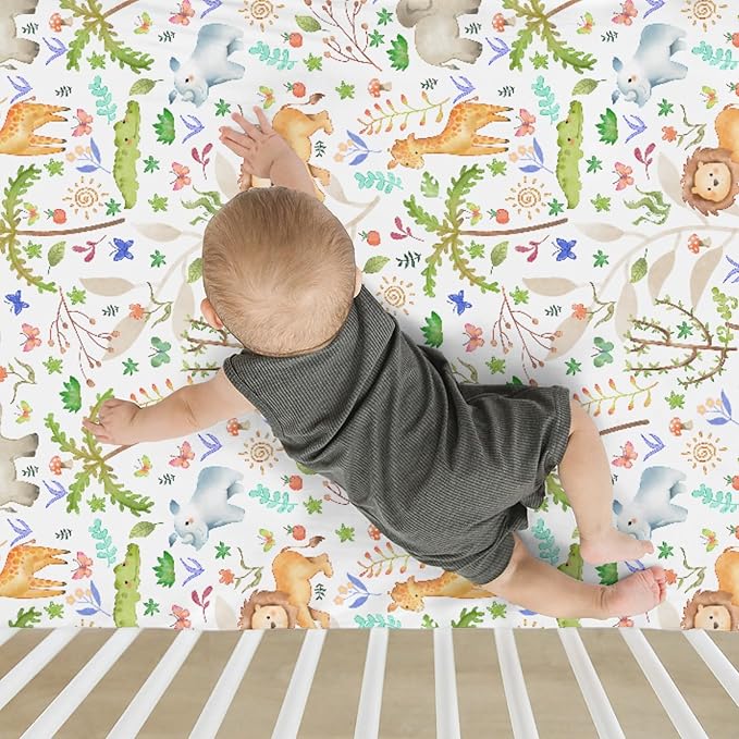 Cute Jungle Animals Baby Crib Sheets for Boy Girl 52x28Inch Lion Giraffe Elephant Hippo Trees Soft Snug Fitted Crib Mattress Cover Zoo African Safari Nursery Baby Sheet for Crib & Toddler Mattress