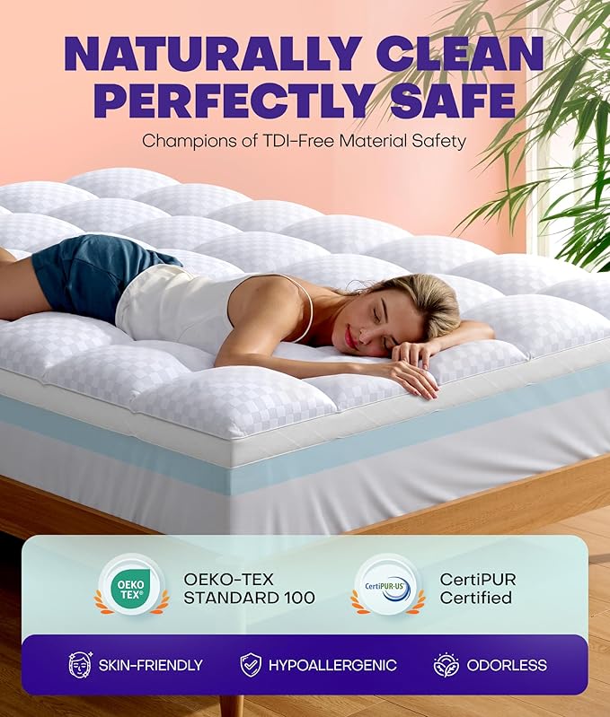 Dual Layer 4 Inch Memory Foam Mattress Topper for Pressure Relief with 4X Support, 2" Pillow Top Twin XL Mattress Topper 50% Viscose Made from Bamboo Plus 2" Cooling Gel Memory Foam Mattress Pad