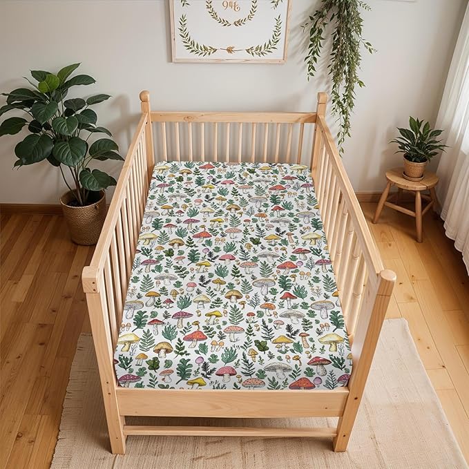Colorful Mushrooms Green Leaves Baby Crib Sheets for Boy Girl 28"x52" Fall Mushroom Soft Stretchy Fitted Crib Mattress Cover Autumn Baby Sheet for Standard Crib & Toddler Mattress Pad