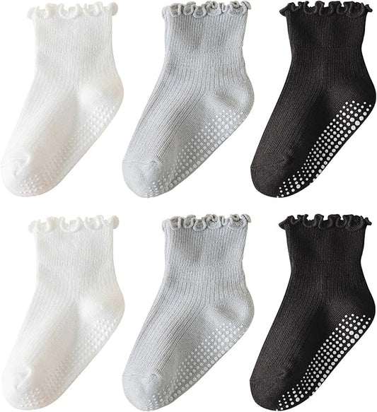 6 Pairs Toddler Ruffle Socks for Girls Baby Grip Socks Non Slip Socks Cute Grippy Frilly