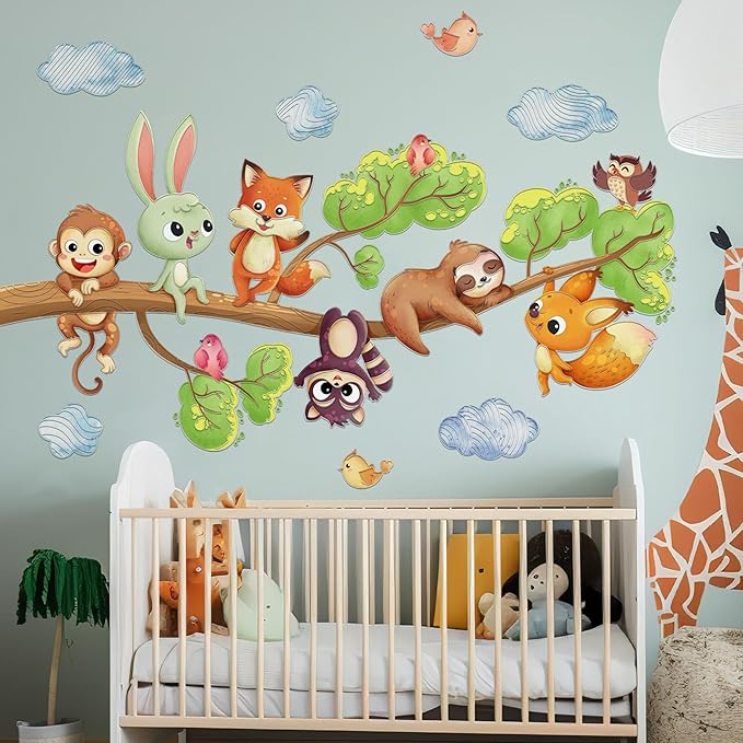 Cute Jungle Theme Wall Stickers Removable Animal Forest Wall Decals Elephant Monkey Lion Giraffe Zebra Peel and Stick Tropical Wall Art Decor for Nursery Bedroom Classroom (Colourful 4)