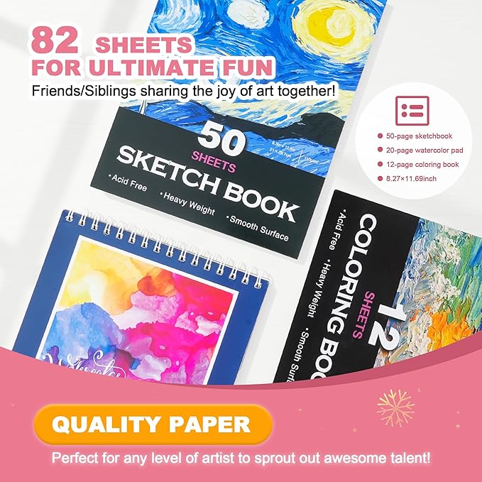 GOTIDEAL 143 Piece Deluxe Art Set with 3 Drawing Pads,Waterclolr Paints,Crayons,Colored Pencils,Paint Set in Wooden Case,Professional Art Kit Gift,Art Supplies for Kids,Adults,Teens,Beginners（Pink）