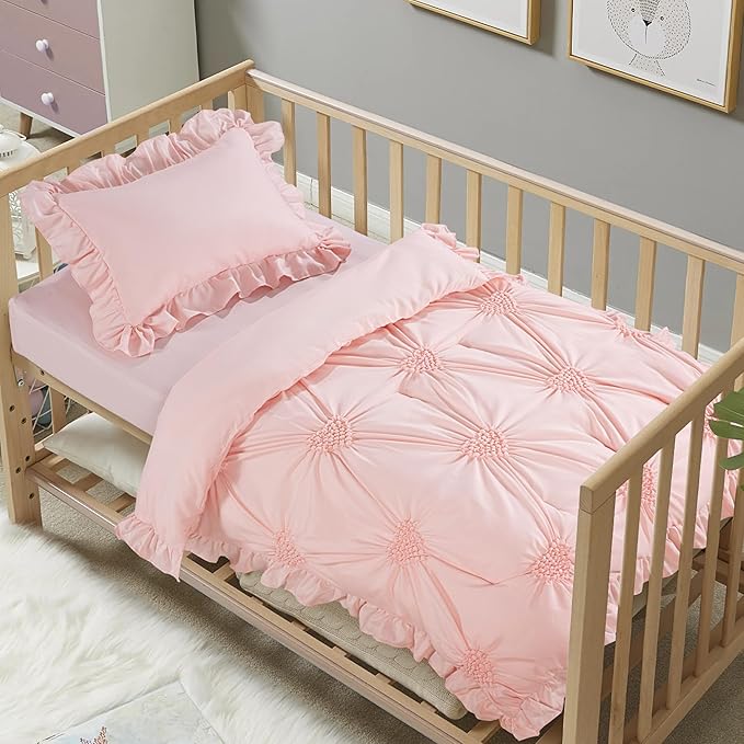 HOMBYS 3 Pieces Princess Pink CribBedding Set for Baby Girls, Ultra Soft Blush Pinch Pleat Comforter Set with Ruffles for All Season