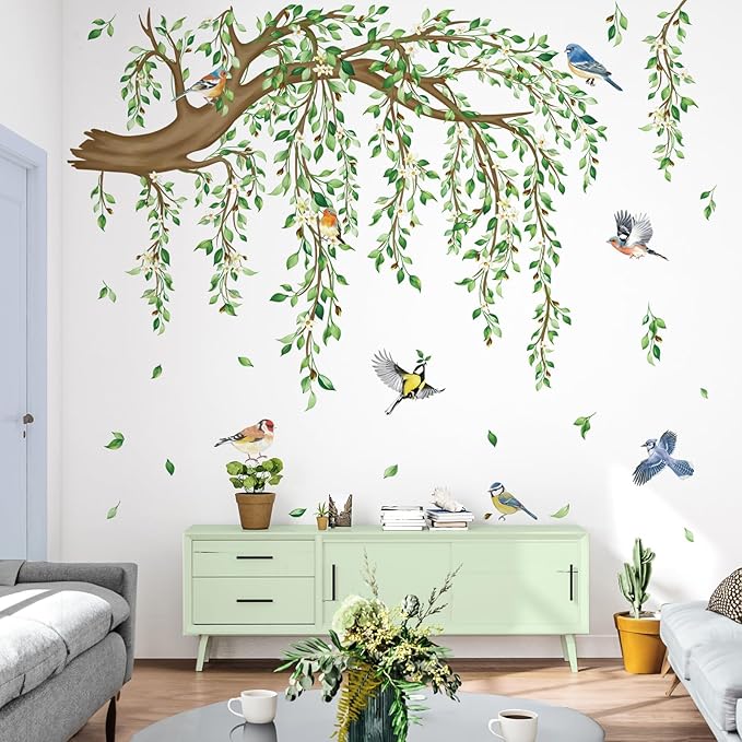 decalmile Large Hanging Vine Wall Stickers Tree Branch Green Leaf Flower Birds Wall Decals Living Room TV Background Bedroom Wall Decor