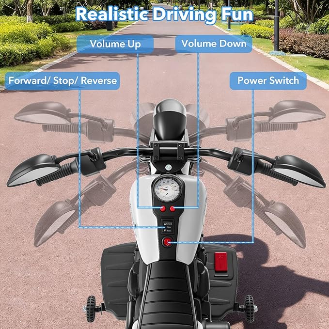 HONEY JOY Toddler Motorcycle, 6V Battery Powered Electric Motorcycle for Kids, Detachable Training Wheels, Music, Foot Pedal, Headlights, Forward/Backward, 3-Wheel Ride On Toy for Boys Girls (White)