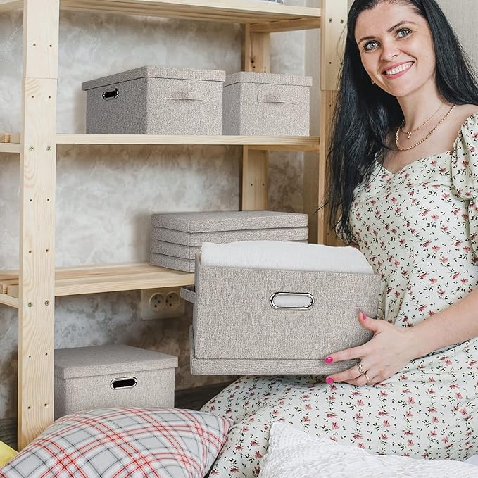 Graciadeco Medium 15" 21 Quart Collapsible Stackable Storage Bins with Lids, 5 Packs Beige Foldable Fabric Closet Boxes Heavy-duty Linen Cube Baskets Container for Bedroom Office (15 x 11 x 8)