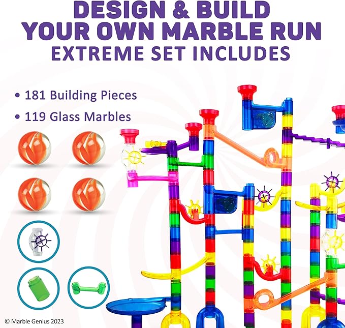 Marble Genius Marble Run Extreme Set, STEM Toys & Maze Construction Building - 300 Translucent Track Pieces & Glass Marbles for Family, Kids Toddlers Ages 4-8 - Fun Holiday Creative Gifts