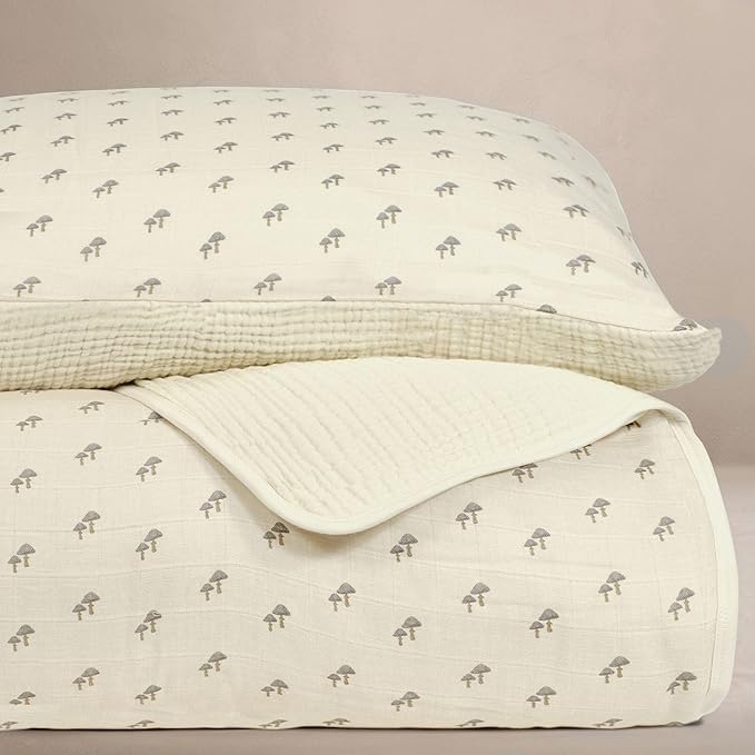 Oilo 100% Organic Premium Cotton Muslin Crib Quilt & Sham Set, (45" x 60") Print and Solid Sides, Extra-Soft & Lightweight, Fits Toddler Beds, Heirloom Organic Collection, Mushroom