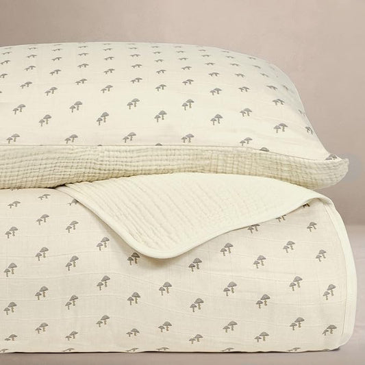 Oilo 100% Organic Premium Cotton Muslin Crib Quilt & Sham Set, (45" x 60") Print and Solid Sides, Extra-Soft & Lightweight, Fits Toddler Beds, Heirloom Organic Collection, Mushroom