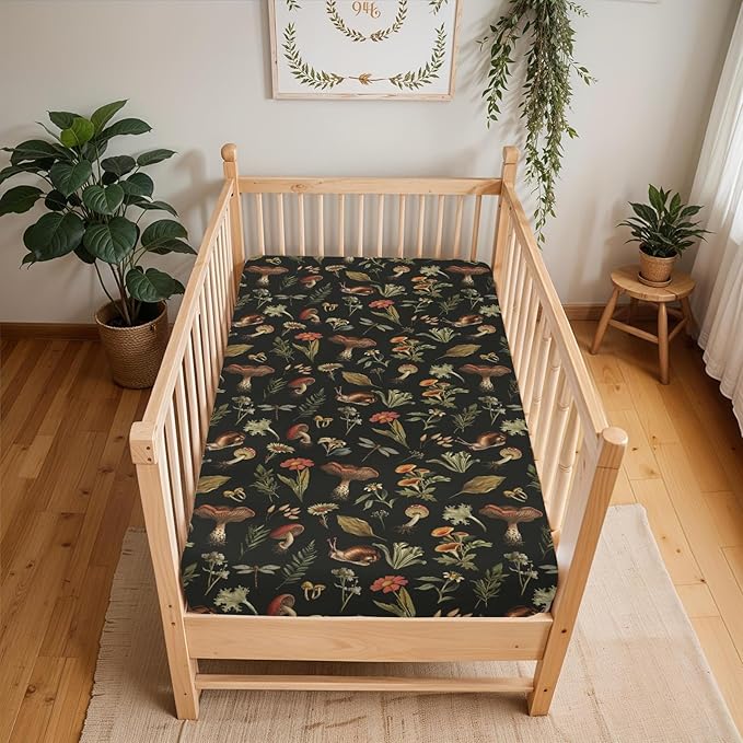 Fairytale Mushroom Baby Crib Sheets for Boy Girl 52x28Inch Retro Mushrooms Floral Leaves Soft Snug Fitted Crib Mattress Cover Magical Plant Baby Sheet for Standard Crib & Toddler Bed Mattress