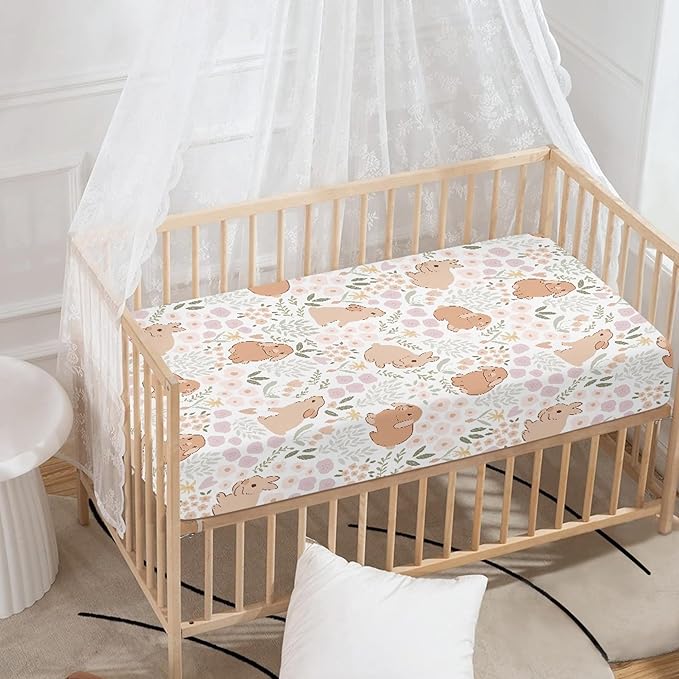Rabbit Floral Fitted Crib Sheet Flower Animal Baby Crib Sheet Fit Standard Crib and Toddler Mattress,Crib Mattress Sheets for Boys Girls 28"x52"