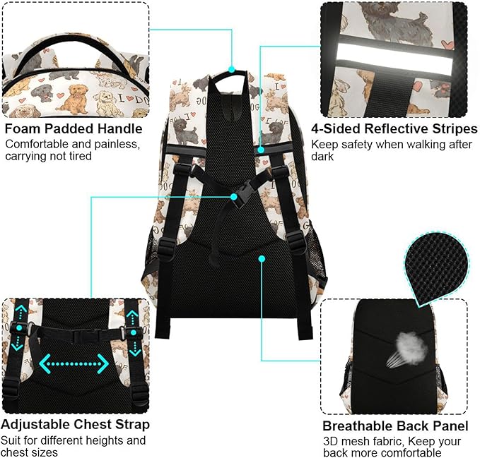 MNSRUU Laptop Backpack with Chest Strap, Dogs Heart School Backpack, Travel Hiking Bag for Boys Girls Teen College Adult, Rucksack Knapsack