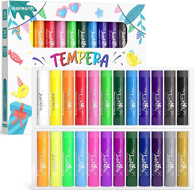 JUPITEARTH 24 Colors Tempera Paint Sticks with 120 PDF Coloring Pages and 30 Stickers, Quick Drying, Smooth, Non-Toxic and Washable Paint Sticks for Kids Drawing on Pumpkin, Wood, Rock, Glass