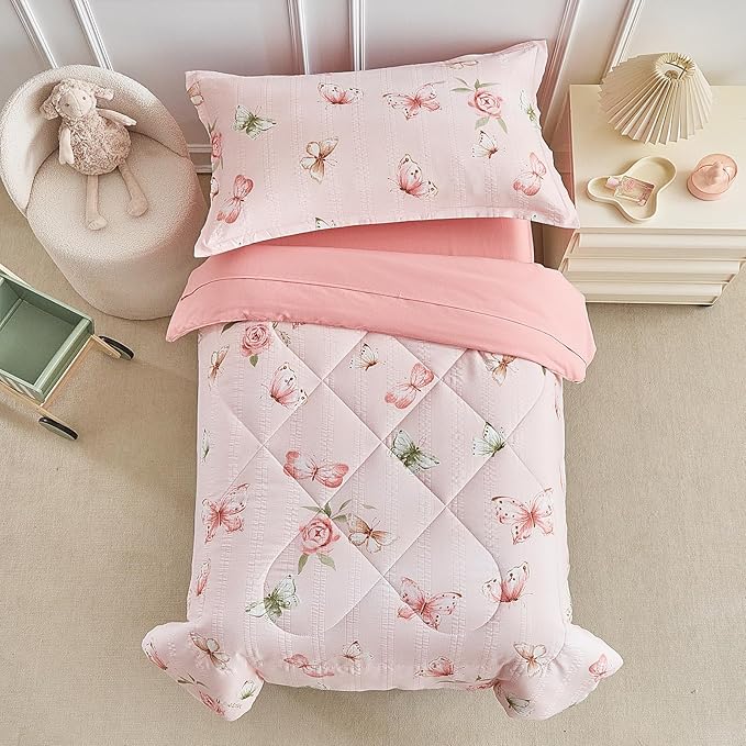 DuShow Pink Butterfly Toddler Bedding Set for Girls,4 Pieces Toddler Bed Set,Seersucker Toddler Comforter Set,Includes Comforter,Flat Sheet,Fitted Sheet and Pillowcase