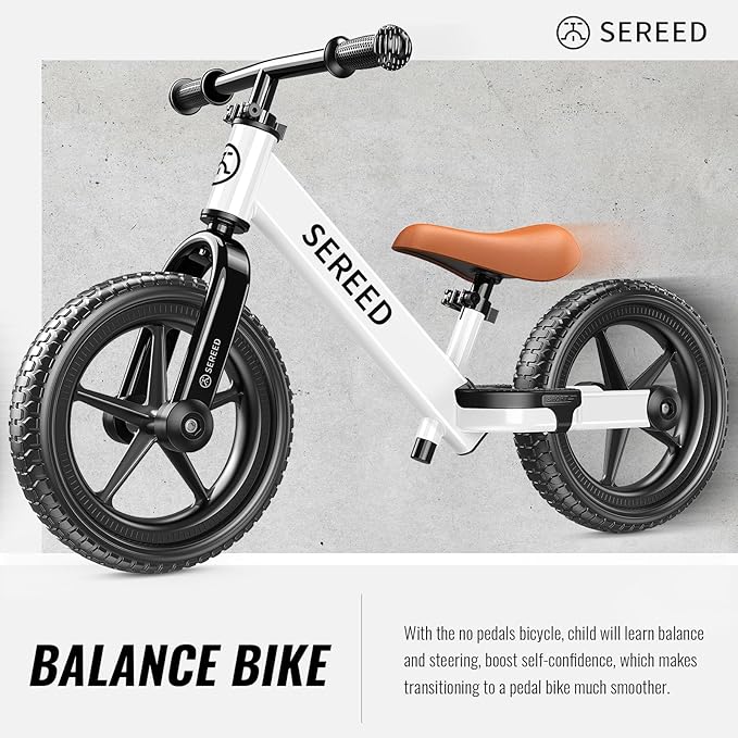 SEREED Toddler Balance Bike 2 Year Old, No Pedal Kids Bicycle Toys for 2-5 Years Old, Tool-Free Adjustment, Customize Plate with Stickers, Gift for 2-3 Boys Girls (White)