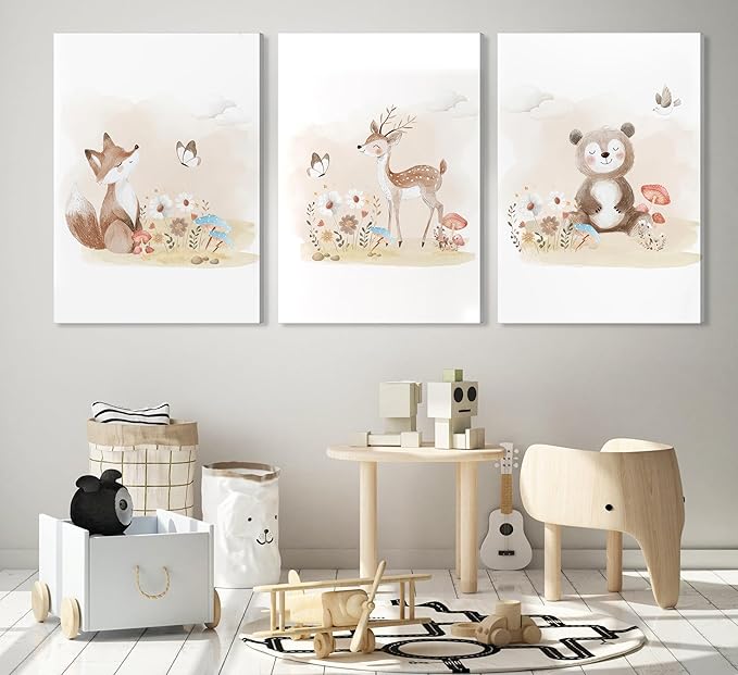 MIZILI Woodland Animal Nursery Canvas Wall Art Wild Watercolor Animals Paintings Pictures Wall Decor Fox Bear Deer Poster Printing Artwork for Boys Room Girls Room Home Decoration