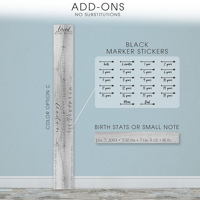 Wooden Kids Growth Height Chart Ruler for Boys and Girls Painted or Engraved (Two Names)