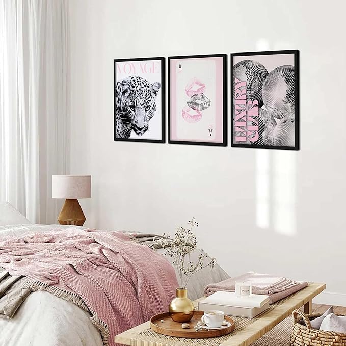 Pink Cheetah Wall Art Set of 3, Y2K Trendy Leopard Canvas Wall Decor Paintings, Preppy Black and White Cheetah Disco Posters Prints Pictures for Girly Room Bedroom Dorm 16x24 Inch Wood Framed