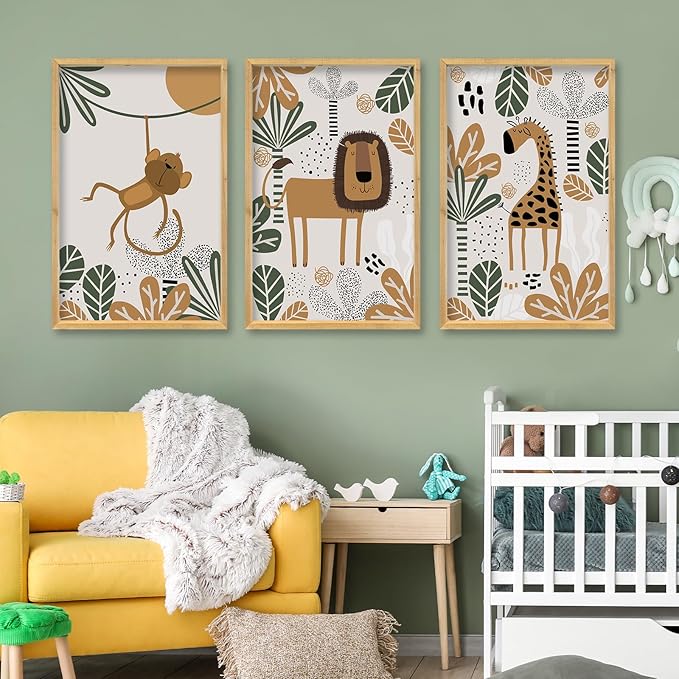 comurdyo Kids Cute Animal Wall Art Set of 3 Framed Safari Prints Cartoon Lion Monkey Giraffe Sign 16×11 Inch for Baby Room Toddler Nursery Children's Room Boho Rustic Wood Framed Hanging Decor (Wood)
