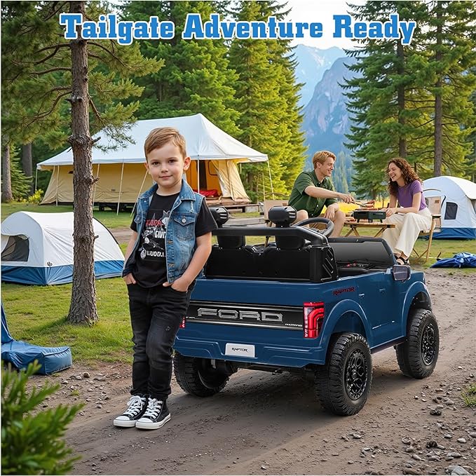 24V Ride on Car Licensed Ford F-150 Raptor, Kids Electric Car with Remote Control, LED Light/Music/MP3, Truck Bed Storage, 3-Point Seat Belt (24V, Blue)