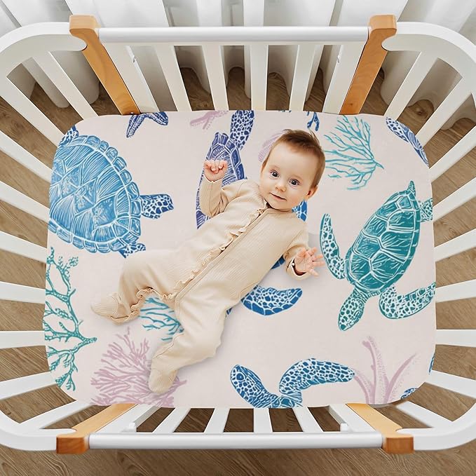Line Turtles Starfish and Coral Crib Sheets Standard Crib Toddler Mattresses Cover Fitted Baby Bed Sheet Breathable Crib Mattress Sheet for Girls Boys 39''x27''x9''