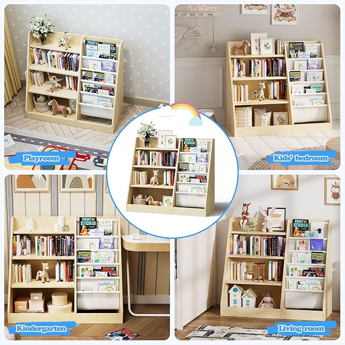 HedoAjim 4 Tier Kids Wooden Bookshelf,Five Layer Sling Children Bookcase,Baby Storage Book Rack,Book and Toy Organizer Cabinet Chest,Book Display Shelf,Playroom Nursery Classroom Library