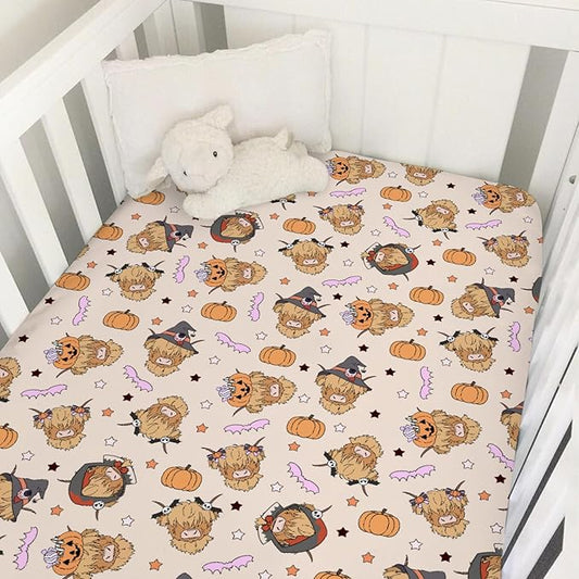 Highland Cow Halloween Baby Crib Sheets for Boy Girl Western Cowboy Fall Pumpkin Bats Soft Snug Fitted Crib Mattress Covers for 52''x28'' Standard Crib & Toddler Mattress Spooky Farm Animal Bed Sheet