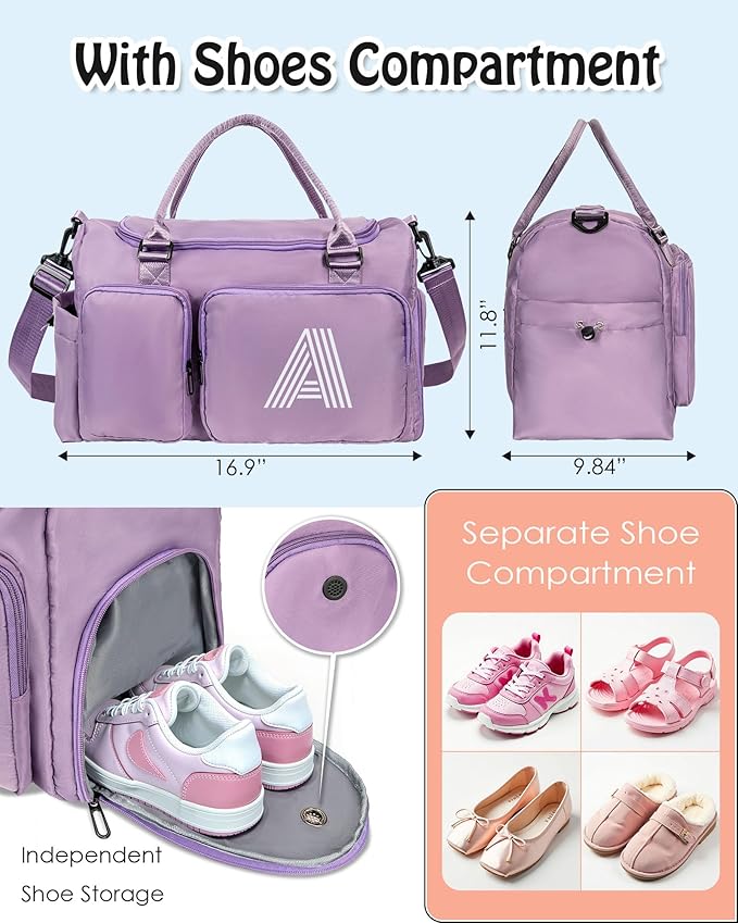 Elilier Initial Travel Bag for Girls, Kids Travel Duffel, Sports Weekender Overnight Dance Bag with Shoes Compartment, Monogram Gift, wedding gifts, women gifts, Bridesmaid Gifts