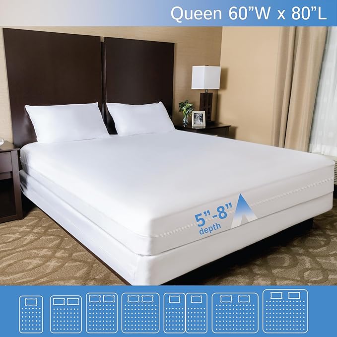 Queen Size Mattress or Box Spring Encasement (5" to 8" Depth) – Low Profile Waterproof Zippered Protector Bed Cover, Noiseless, Machine Washable