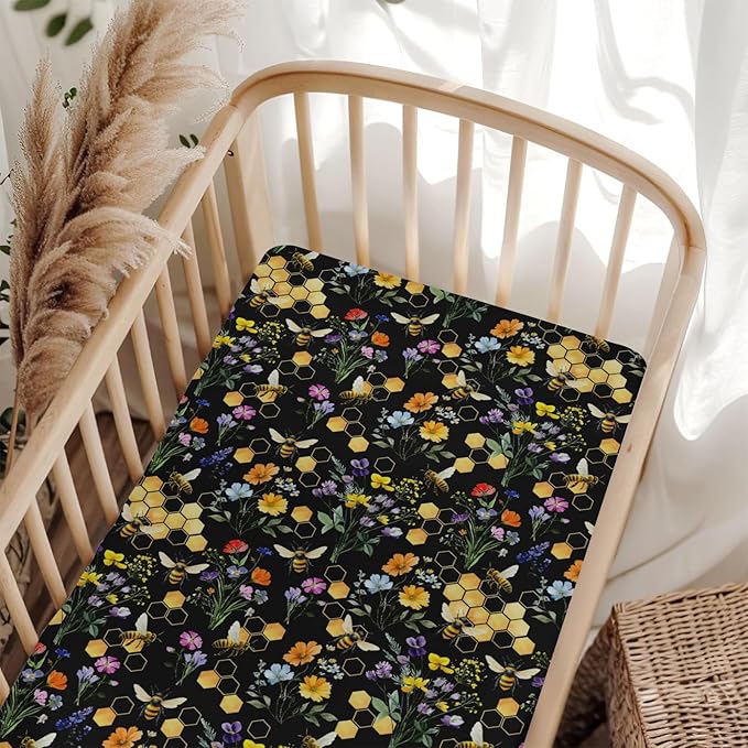 Boho Wildflower Bees Honeycomb Baby Crib Sheets for Boy Girl 52x28Inch Watercolor Honeybee Floral Soft Snug Fitted Crib Mattress Cover Summer Baby Sheet for Standard Crib and Toddler Bed Mattress