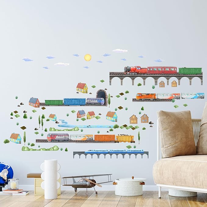 Train Wall Decals for Kids by Lipastick - Educational Railroad Wall Stickers for Boys and Girls - Peel and Stick Locomotive, Carriage, Wagon Wall Decals for Nursery, Playroom, Bedroom Decor -M Size
