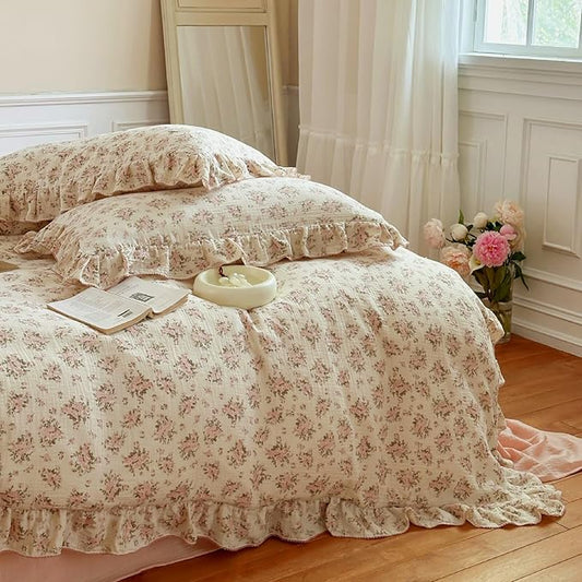 BuLuTu Pink Floral Twin Size Duvet Cover for Girls Kids, Flower Print Comforter Cover with Ruffles, Soft Lightweight Quilt Cover 100% Cotton Muslin, Zipper Closure, 68"x86", No Pillowcases