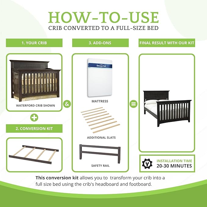 Full-Size Conversion Kit Bed Rails for Baby Cache Convertible Cribs - Solid Wood Rail - Toddler and Adult Bed Rail for Full-Size Beds - Essential Nursery & Baby Furniture (Vintage Gray)