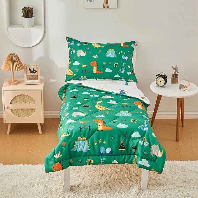 beeweed 4 Pieces Dinosaur Toddler Bedding Set Boys Girls, 2 Sides Design Bed in a Bag Comforter Set, Includes 1 Comforter, 1 Fitted Sheet, 1 Flat Sheet and 1 Reversible Pillowcase