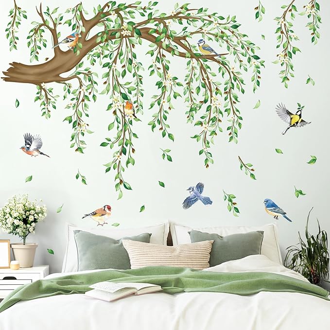 decalmile Large Hanging Vine Wall Stickers Tree Branch Green Leaf Flower Birds Wall Decals Living Room TV Background Bedroom Wall Decor