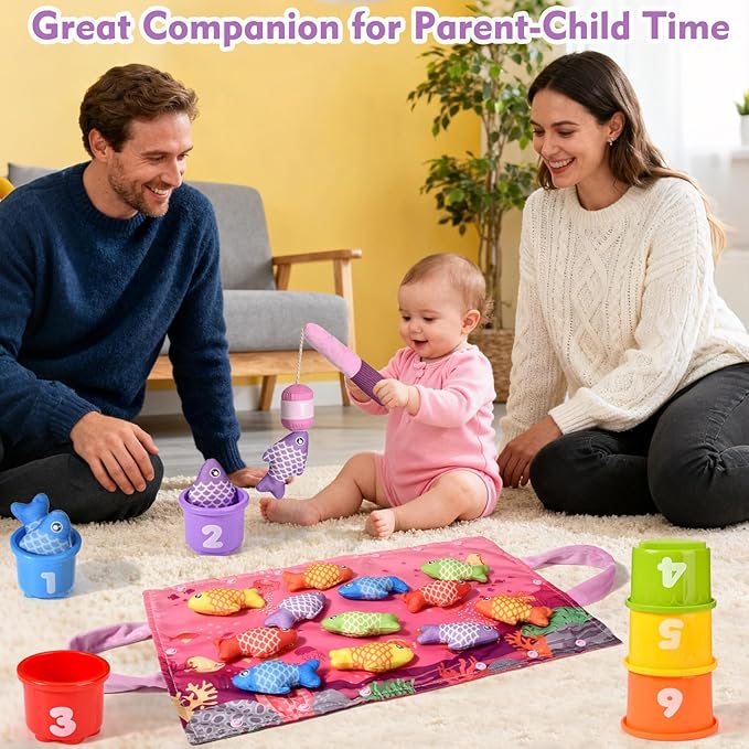 Montessori Toys for 1 Year Old Girl Gifts, Pink Cloth Fishing Toy for Toddler 1-3, Fine Motor Skills Toy Sorting Learning Baby Toys 6-12-18 Months, One Year Old Girl Boy Birthday Gifts
