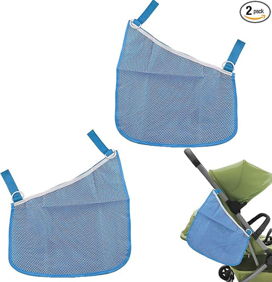 Anglepingping 2 Pack Universal Side Sling Stroller Cargo Net, Non-Slip and Adjustable Straps Storage Mesh Bag,Portable Mesh Storage Organizer (Blue)