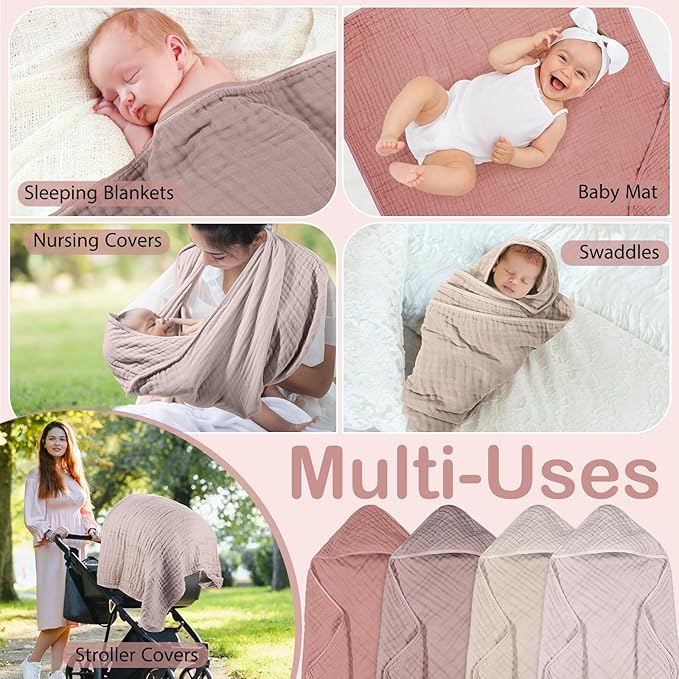 Peryiter 4 Pcs Muslin Hooded Baby Towels, 32x 32'' Cotton Newborn Bath Towel Muslin Infant Baby Blankets Absorbent Unisex Christmas Registry Gift Essentials for Girls Boys (Beige Series)