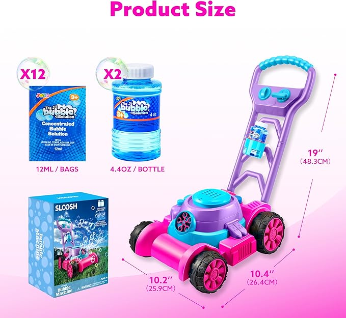 SLOOSH Bubble Lawn Mower Toddler Toys - Spill-Proof Bubble Machine Pretend Gardening Toy for Age 1 2 3 1-3 Year Old Toddler Indoor Outdoor Use, Baby Girl Push Toys Xmas Christmas Birthday Gift (Pink)