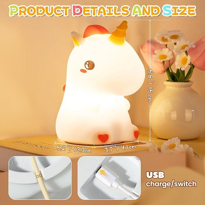 loatme Night Light for Kids, Rechargeable Dimmable Silicone LED Nightlight with 7 Colors, Baby Nursery Night Lamp, Touch Squishy Lamp, Cute Gifts for Girls, Boys, Toddler Room Decor, Unicorn