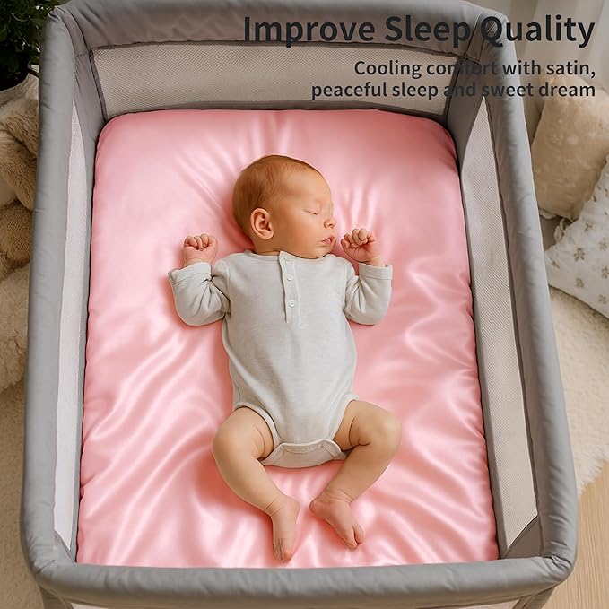 Pro Goleem Satin Pack and Play Playard Sheet, Fitted 2 Pack Great for Baby Hair Silky Feeling 27x39 Inch Playard Mattress Cover Portable Mini Crib Sheet for Girls(Pink & Purple)