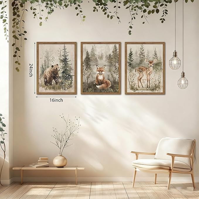 Framed Woodland Wall Art Nursery Decor Set of 3, Cute Wild Animals Bear Fox Deer Canvas Wall Art, Nature Watercolor Prints, Animal Pictures Wall Decor for Baby Room Kids Bedroom – 16x24 inch