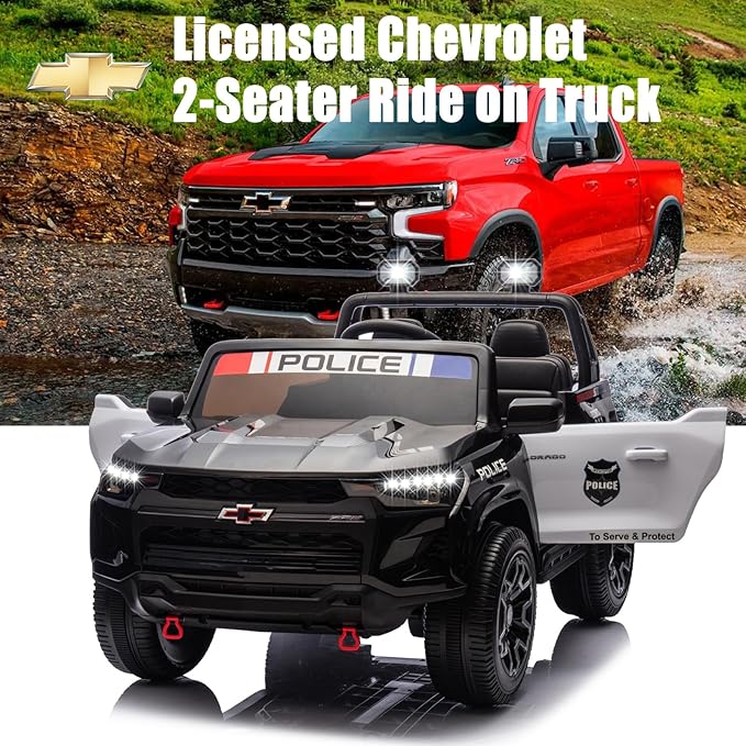 FINITO 24V Ride on Electric Licensed Chevrolet Colorado 2025, Police Car Paint, Dual Drive Mode, LED Light, Truck Storage, Bluetooth Music Player, Gift for Boys and Girls, for 3+ Kids (Police Black)